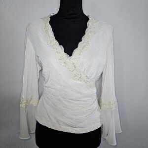dressbarn Cream-Accented White Wrap-Style Blouse